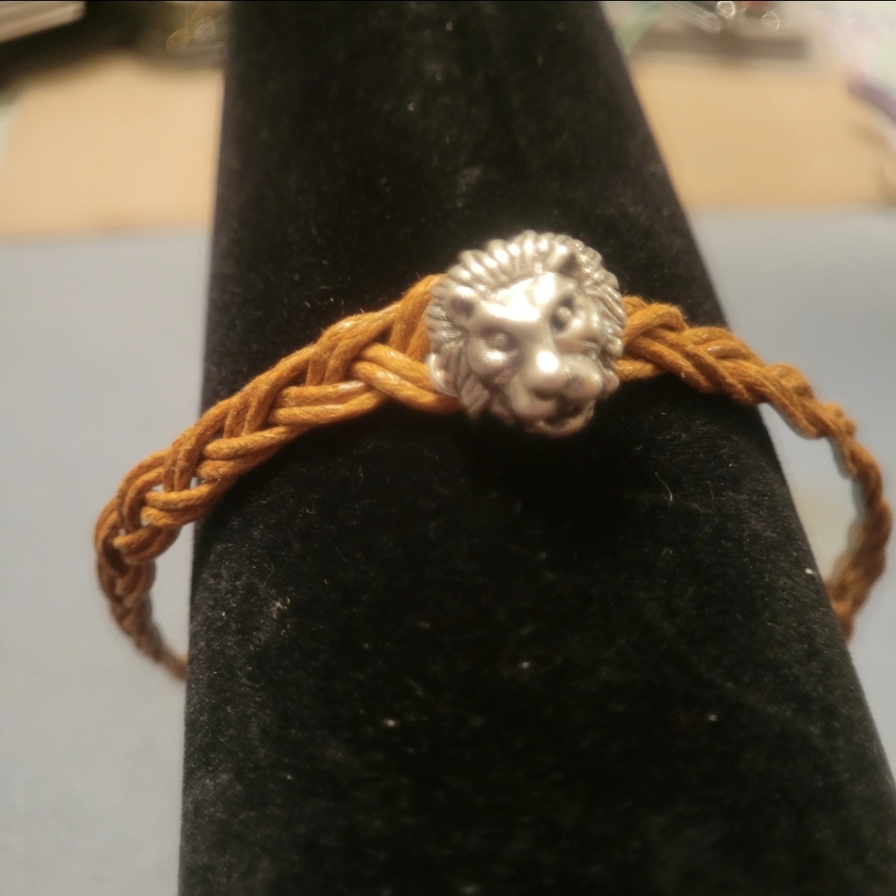 Hand Crafted Men's Brown Leather and Silver Lion Charm Bracelet